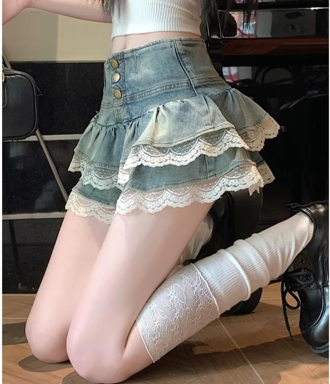 High Waist Button Layered Lace Hem Ruffle Mini Skort