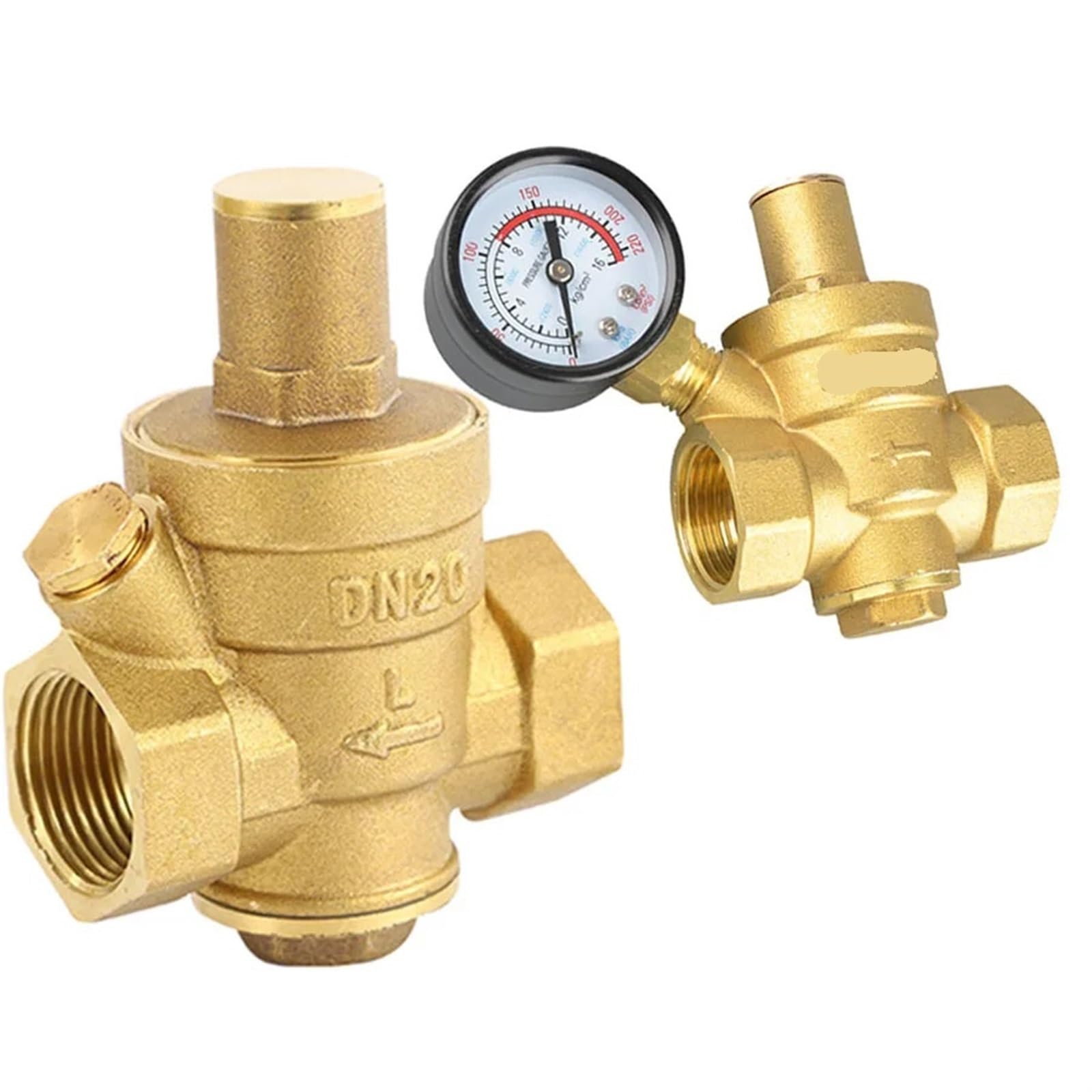 Válvula Reductora de Presión con Manómetro Válvula reductora y mantenedora de presión de agua de latón de 1/2", 3/4", 1" y 2", DN15/DN20/DN25/DN32, regulador y válvula de alivio ajustable(DN20,Without