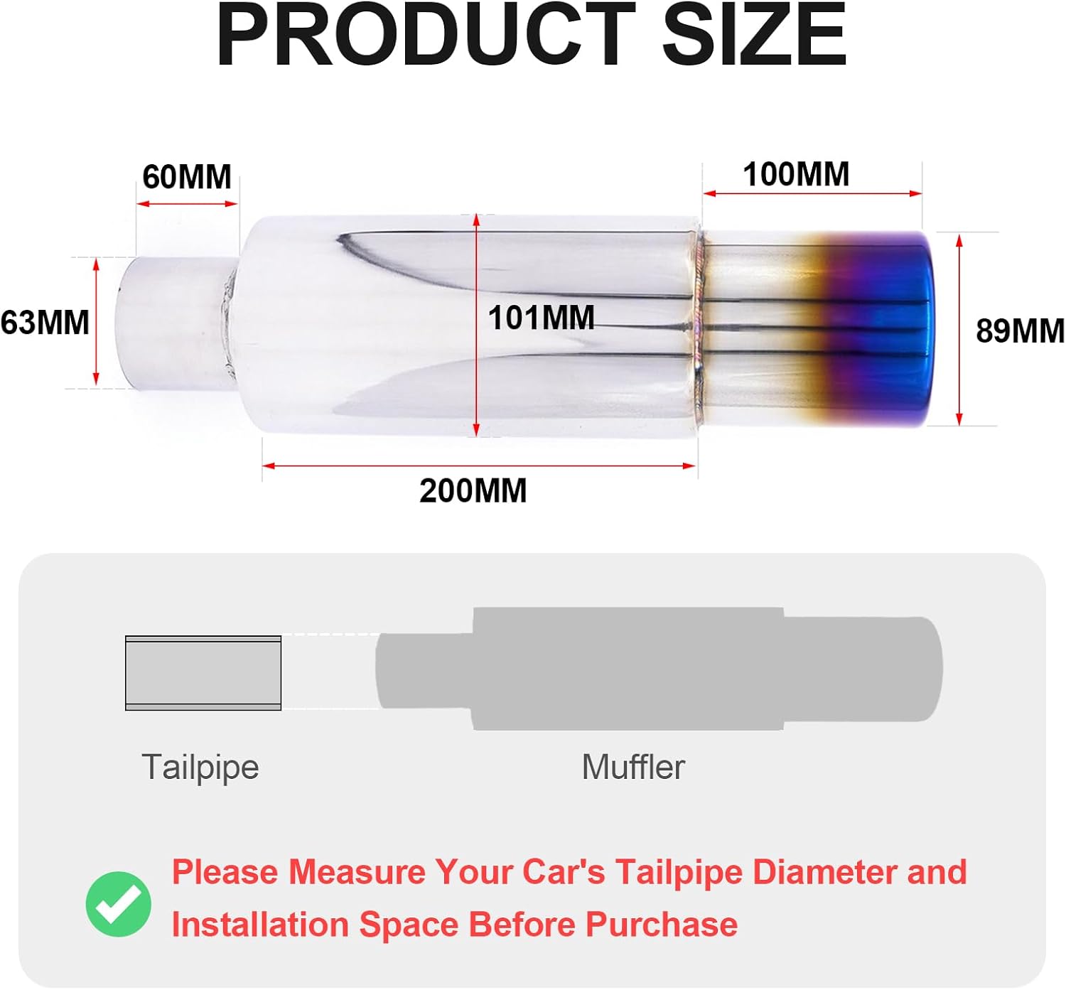 2.5 Inch(63MM) Inlet Exhaust Muffler Exhaust Silencer Resonator with Stainless Steel Muffler Pipe Tip Band Clamp for Diesel Car Sedan SUV Truck Vehicles 3.5" Outlet(Blue Titanium Burnt Tip)