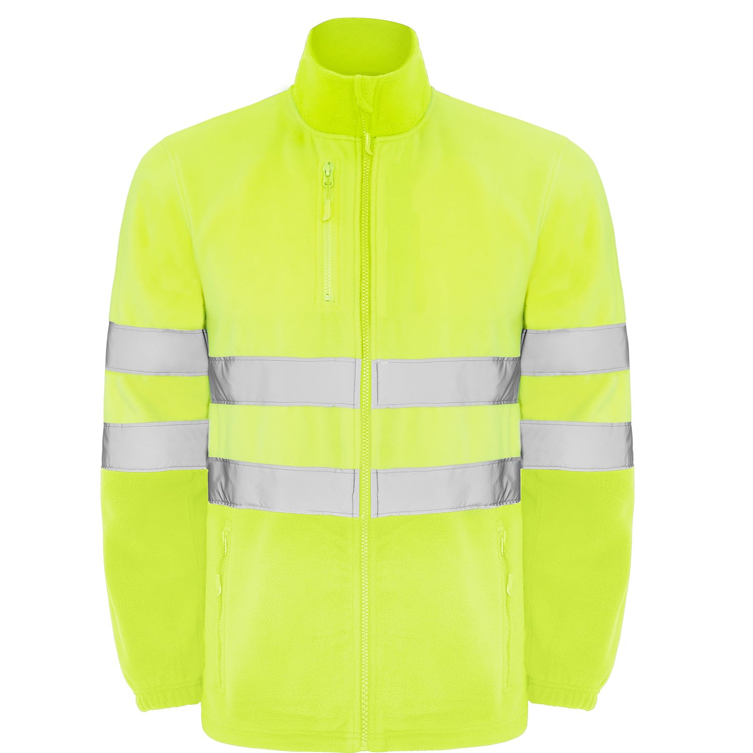 Chaqueta polar alta visibilidad adulto con cintas reflectantes, cremallera completa, bolsillos frontales y pecho, 100% poliéster