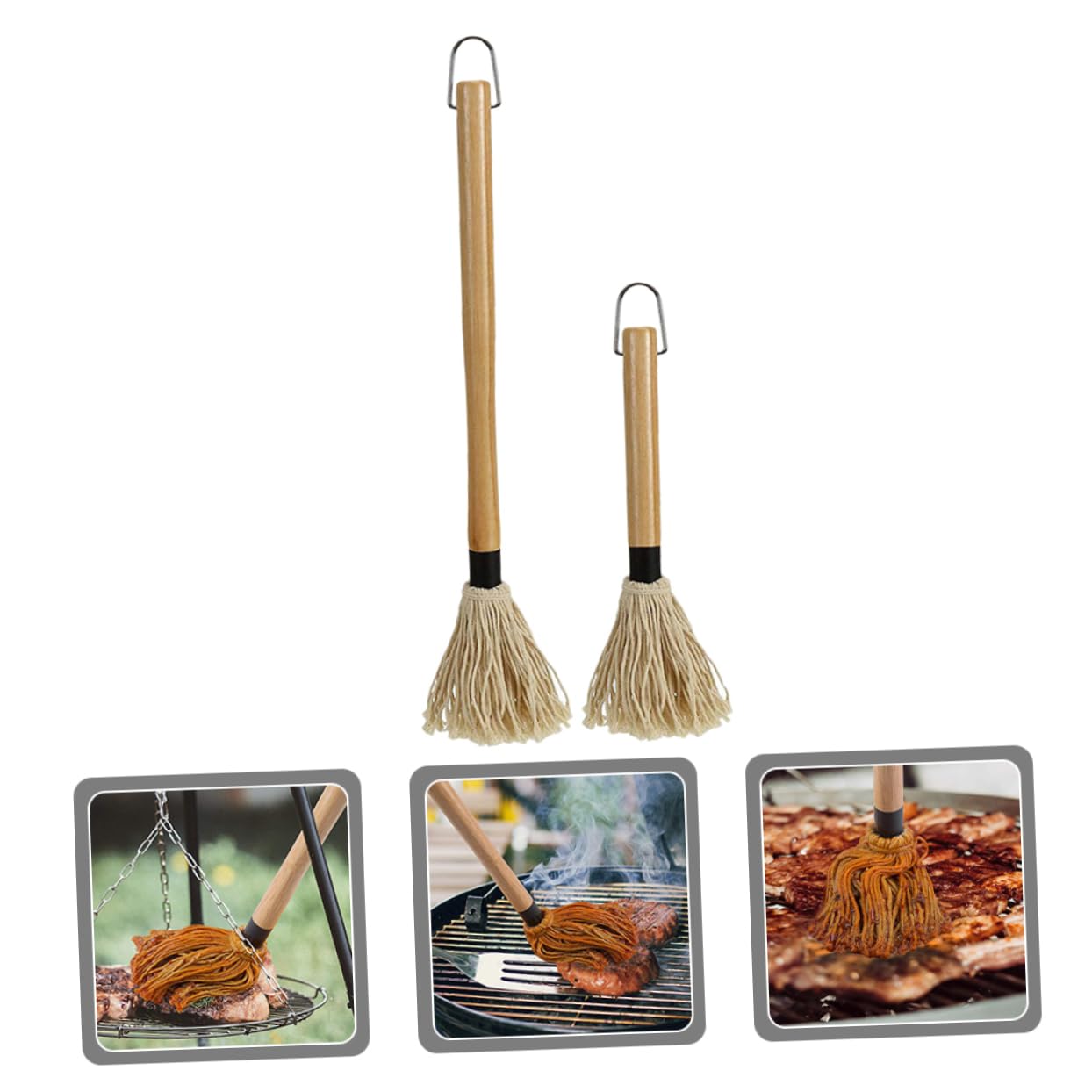 Alipis 2Pcs Bbq Basting Mops Heavy Duty Cooking Brush for Grilling Roasting Yarn Mop Head Hardwood Handle for Sauces Marinades Dishwasher