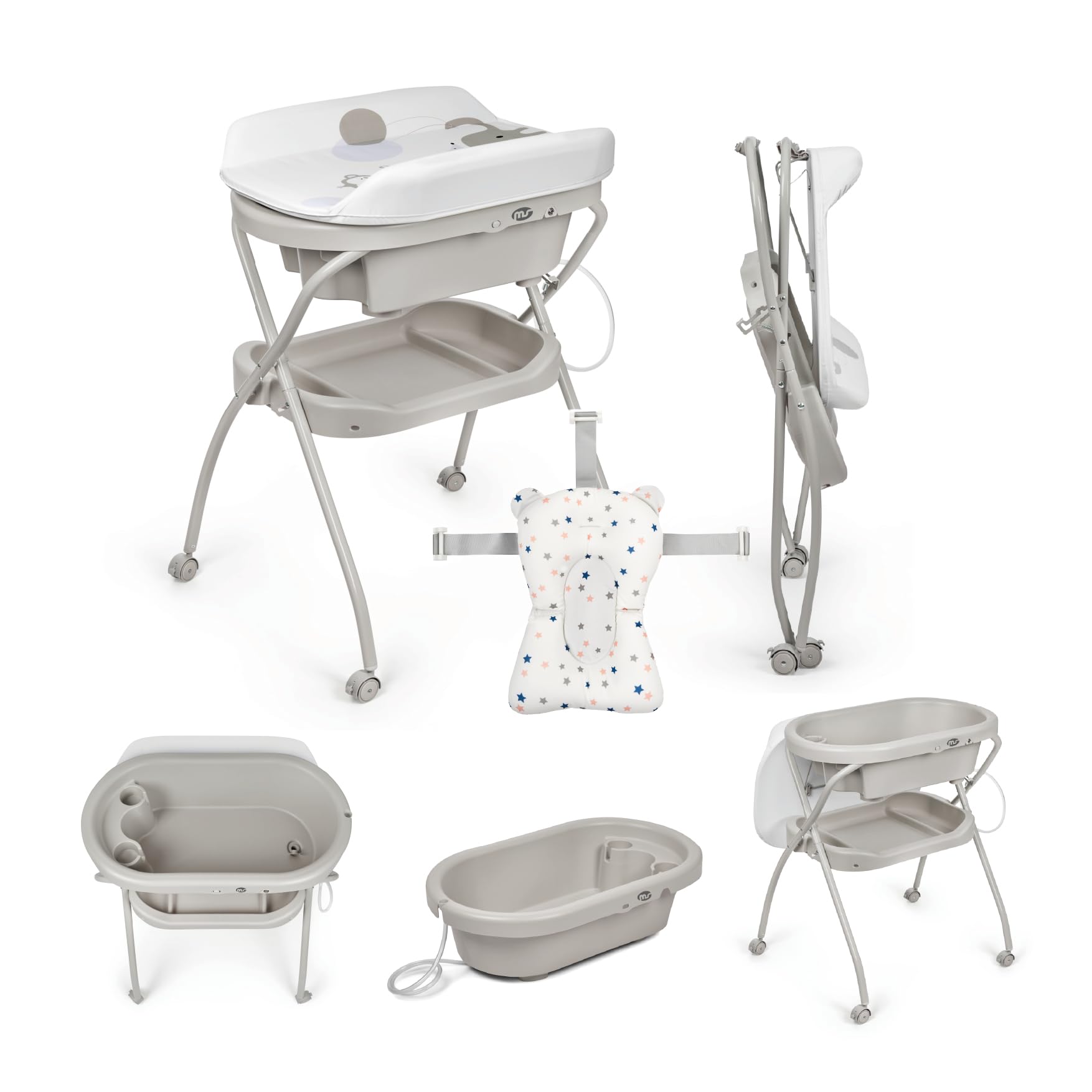 MS BabyWorld – BUBBLE + CUSCINO RIDUTTORE – Vaschetta Bagnetto Ergonomica con Supporto | Fasciatoio Impermeabile Imbottito | Chiusura Compatta | Organizzatore | 4 Ruote con Freni