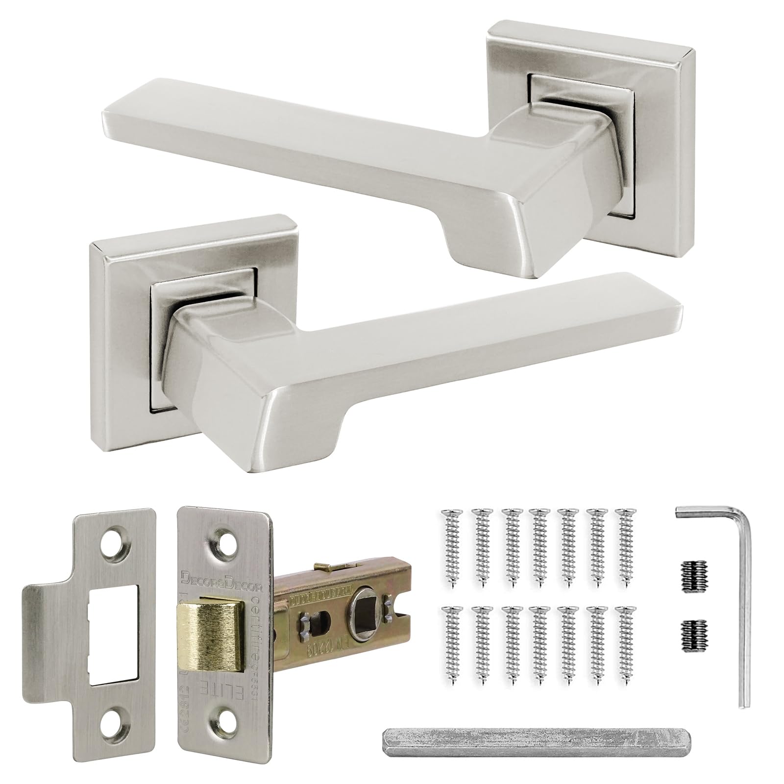 Decoranddecor Spectra Brushed Steel Internal Door Handles – Aluminium Satin Nickel Handle Sets with Tubular Mortice Latch – Sleek and Durable Design for Wooden Interior Doors in Homes and Offices