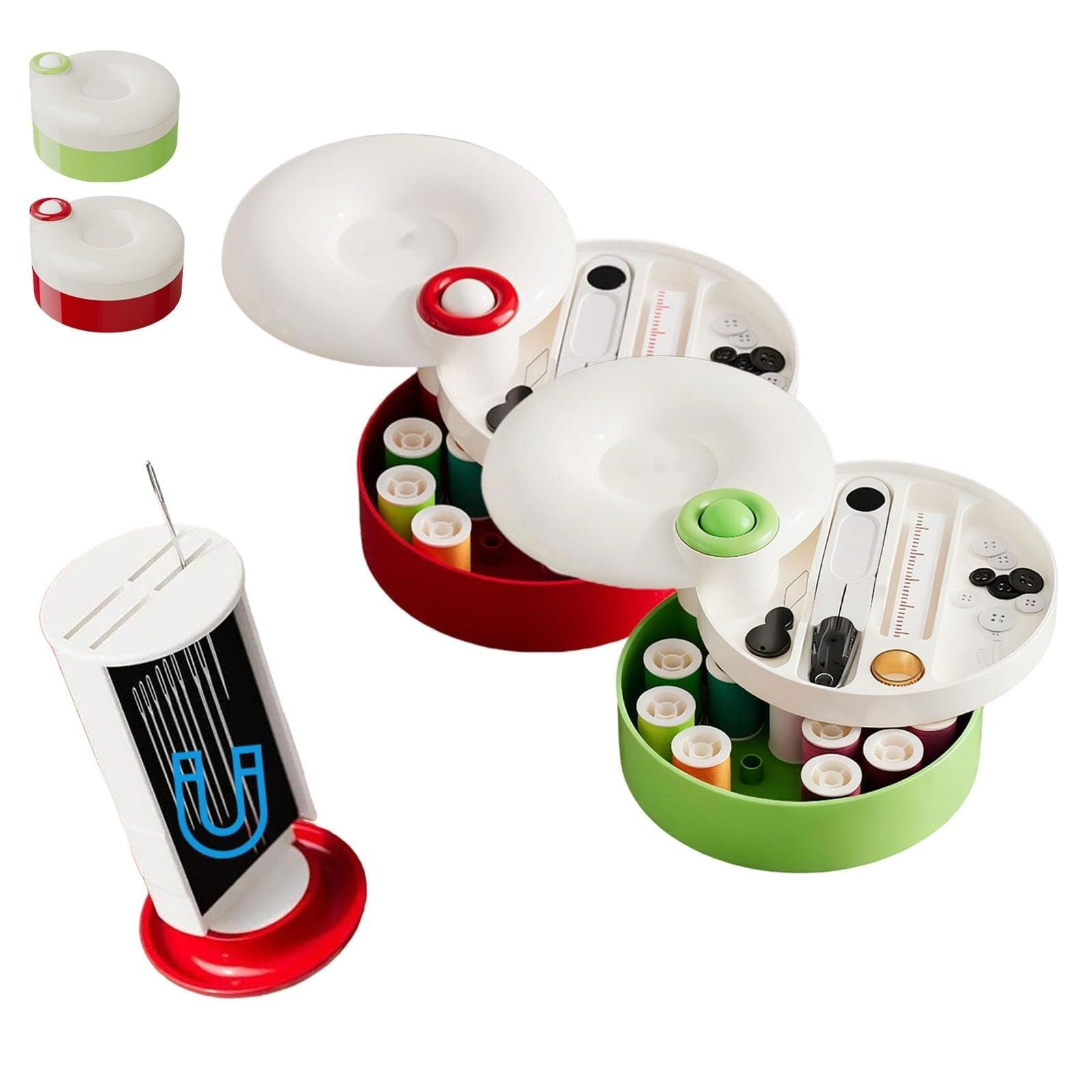 Kit de costura magnético giratorio con diseño de rama superior e inferior, herramienta de agujas manuales, kit de costura portátil de viaje for adultos y principiantes.(Red+green)