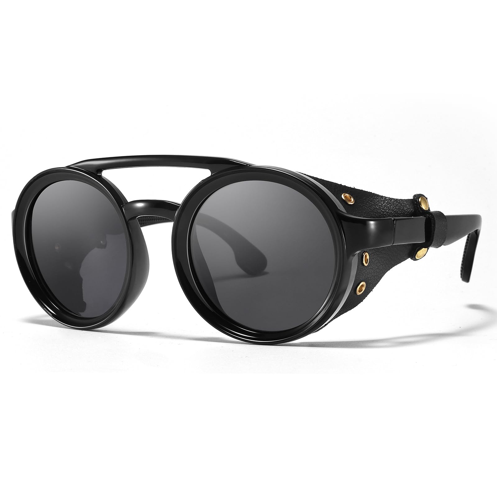 Retro Aviator Steampunk Polarized Sunglasses with Leather Side Shield Vintage Goggles Gothic Eyewear for Men Women