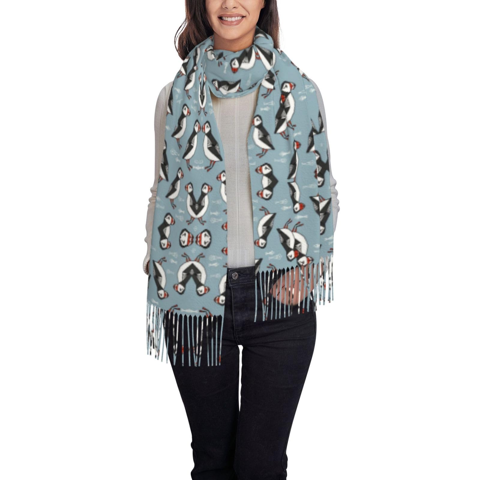Tcoay Unisex As Picture Women's Shawl Printed Women's Scarf Faux Cashmere Scarf,Puffin Birds Blue