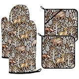 Bear Deer Oven Mitts and Pot Holders Sets 4Pcs,Extra Long Oven Gloves Potholder for Kitchen Cooking Baking BBQ 100% Cotton Heat Resistant
