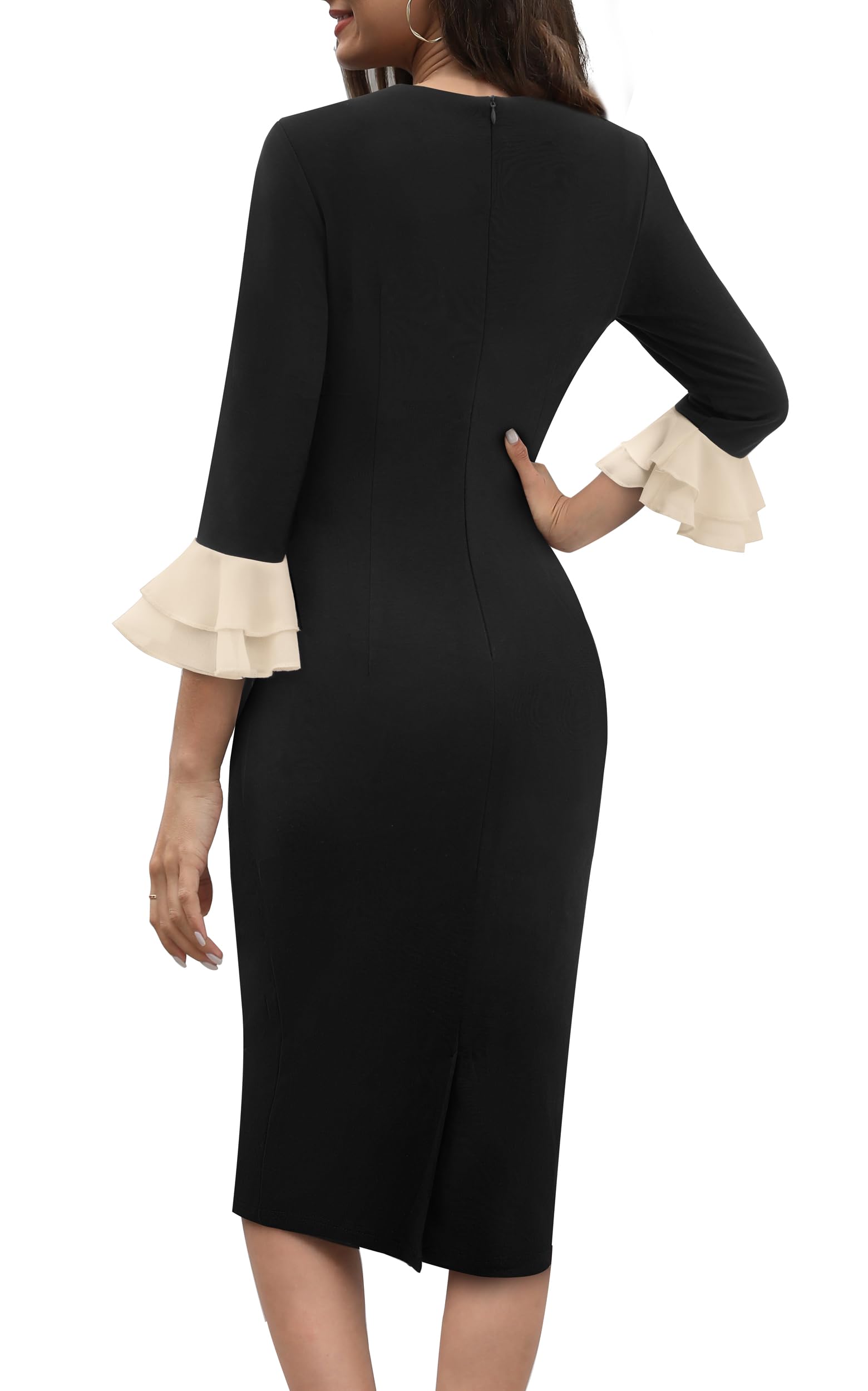HOMEYEE Damska sukienka ołówkowa z okrągłym dekoltem 3/4 rękawy falbanki sukienka wieczorowa sukienka ołówkowa retro bodycon midi sukienka koktajlowa sukienka kopertowa B800