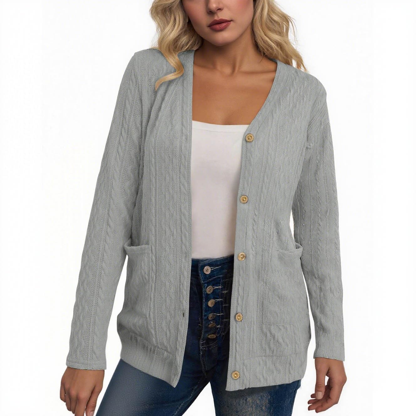 Womens Cable Knit Cardigan Sweaters Long Sleeve V-Neck Button Down Sweater Coat Open Front Cardigan with Pockets