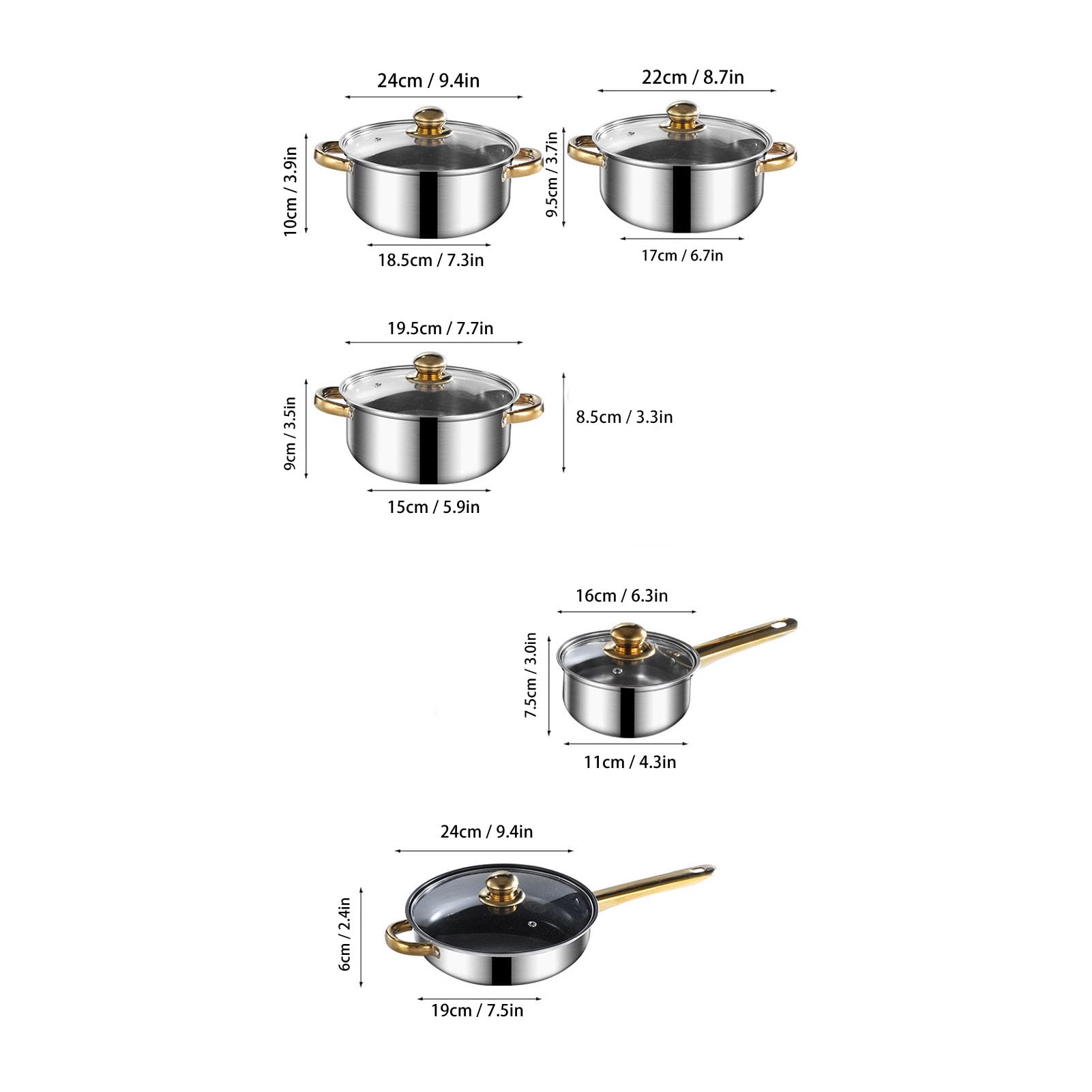 Juego de utensilios de cocina ergonómicos de acero inoxidable con asas doradas, ollas y sartenes multifuncionales con tapas de cristal, ideal para cocina