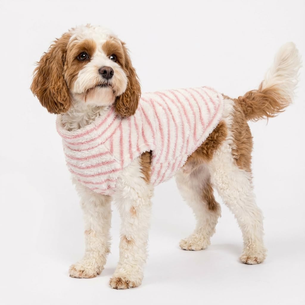 Fitwarm Lot de 2 pulls en polaire rayé pour chien, vêtements d'hiver chauds pour chien de petite taille et fille, tenue à col roulé pelucheux pour animal domestique, pull pour chien, rose, blanc, rose