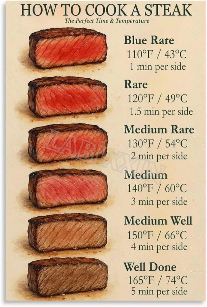 Pivjhf Educational Posters Metal Tin Sign Steak Doneness And Temperature Guide Chart Poster For Bedroom Living Room 8X12 Inch