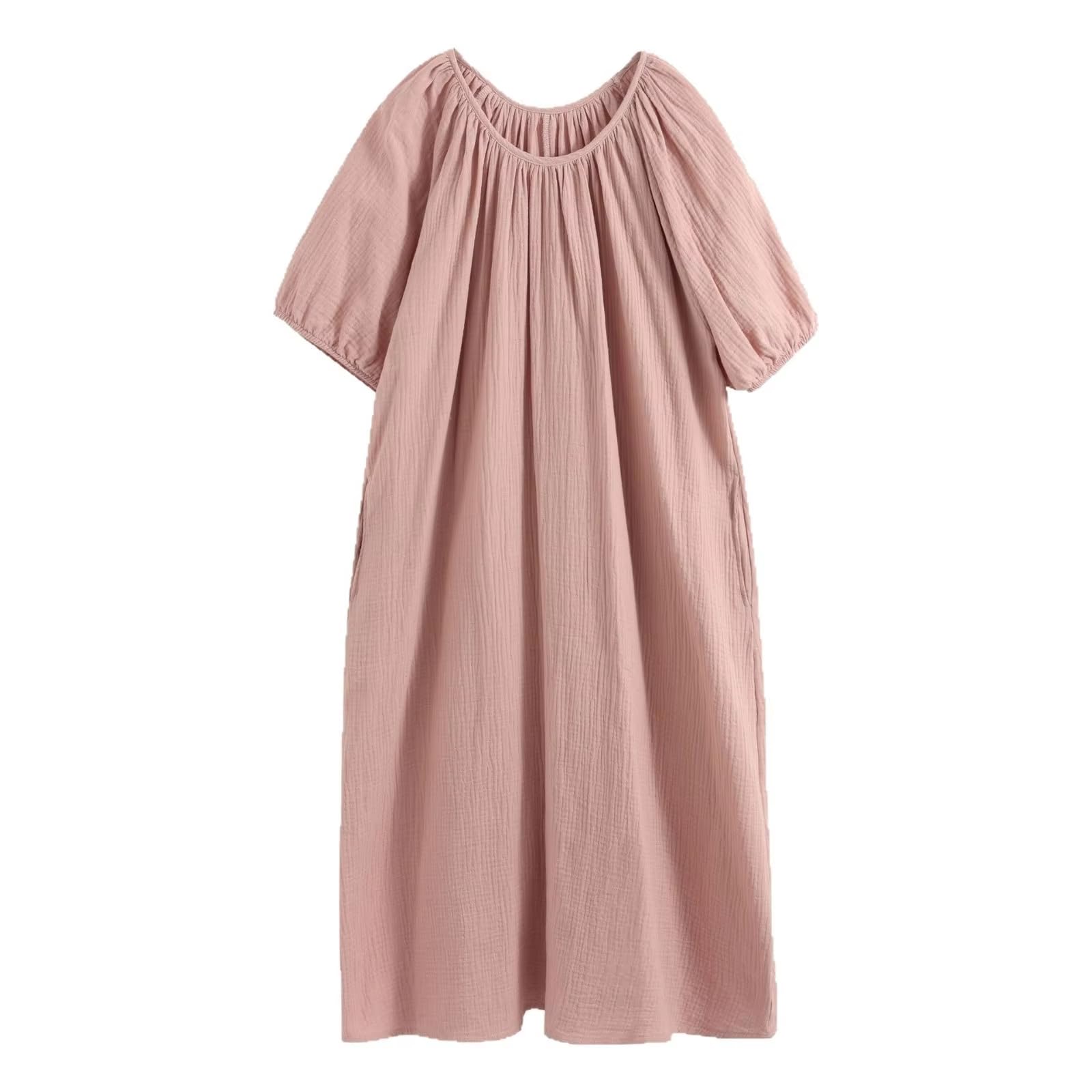 Camisón De Primavera Y Verano para Mujer, Cuello Redondo, Suelto E Informal, De Algodón, Manga Corta, Vestido De Noche Medio Largo