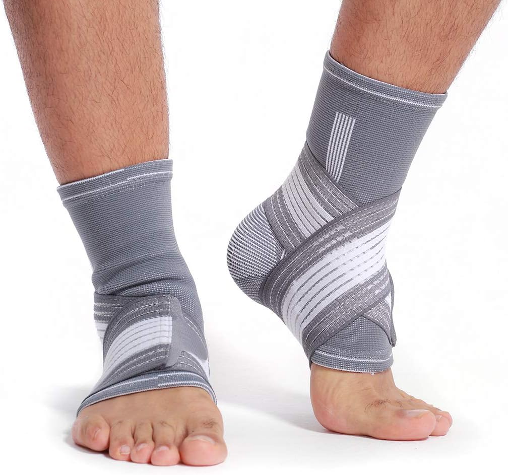 Neotech CareAnkle Brace Support - Elastic & Breathable Fabric - Adjustable Compression Strap - For Men, Women, Youth - Left or Right Foot (Grey Colour, Size L, 1 Pair)
