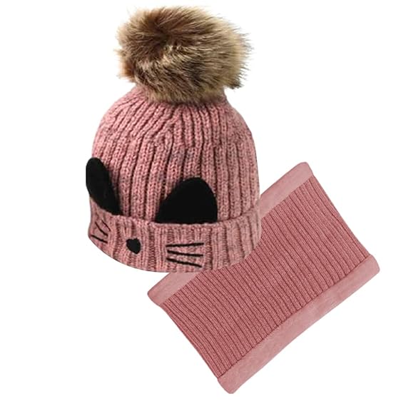 Krystle Kids Boys & Girls Cute Cat Face Design Warm Knitted Winter Pom pom Cap with Fleece Neck Warmer (Pink)