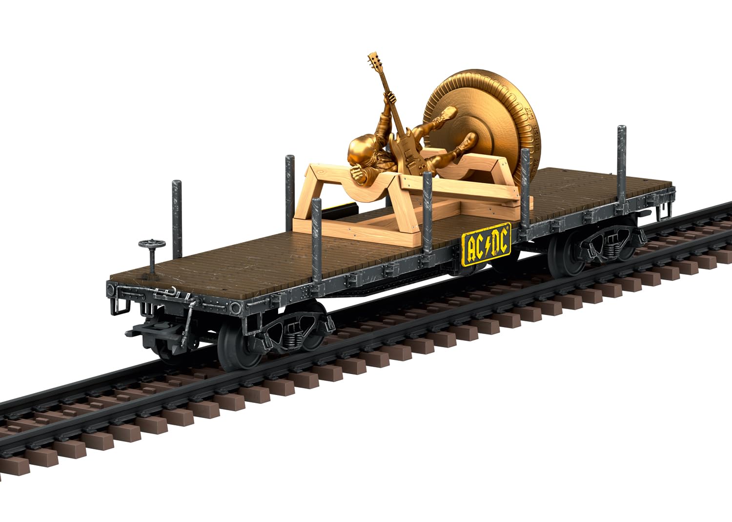 Märklin 48837 - Flachwagen AC/DC Stiff Upper Lip, Spur H0, beladen mit Messing Figur von Angus Young, Schwarz