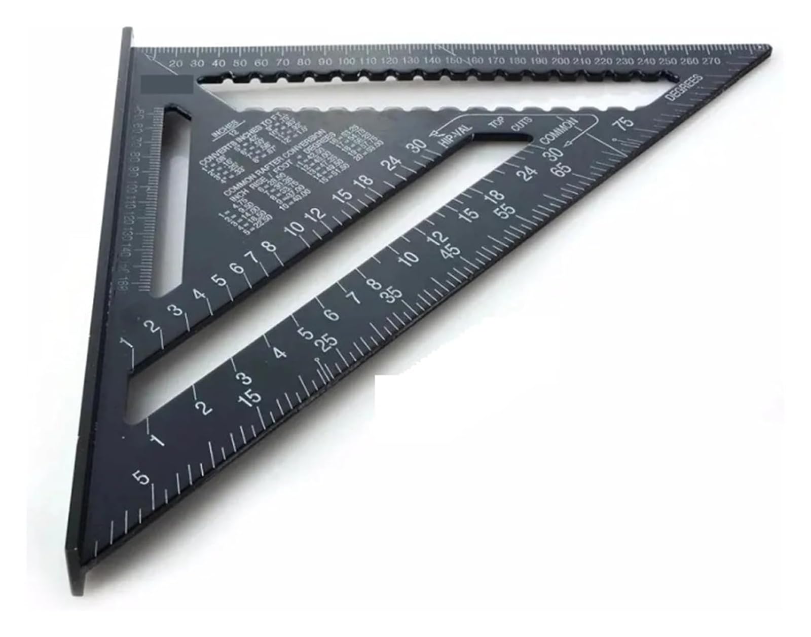 Precision triangular ruler， Rafter Square Carpenter Ruler Alloy Metal Triangle Protractor Black 7 And 12 inches(12 Inch Metric)