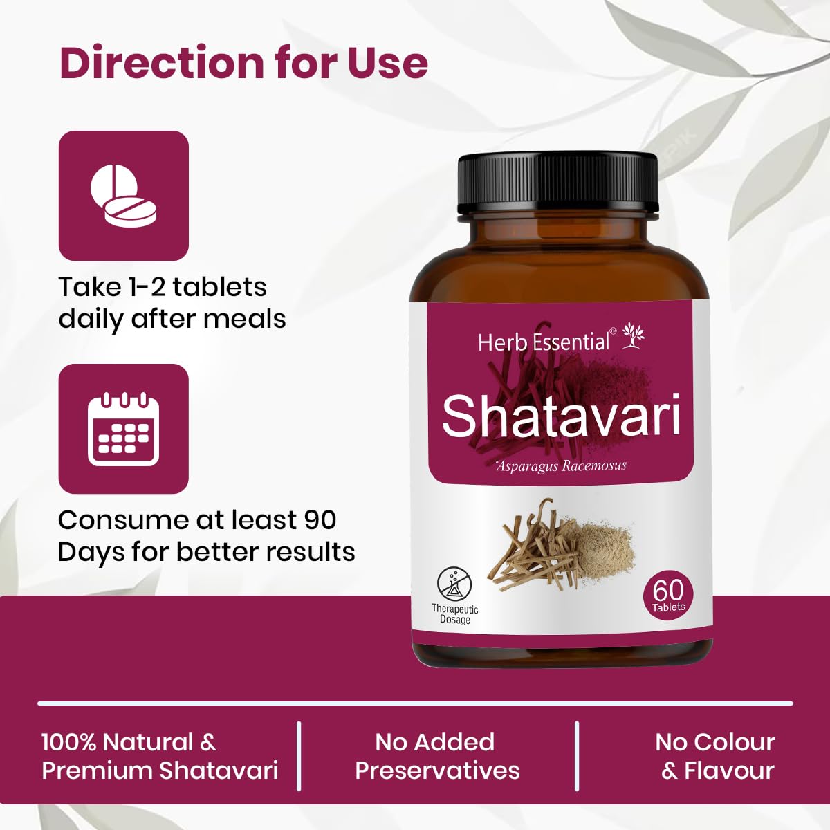 Herb Essential Shatavari 500mg Tablet | Hormonal Balance | Women Wellness Supplement |Promotes lactation |100% Pure & Natural | 60 Tablets - Image 3 thumbnail