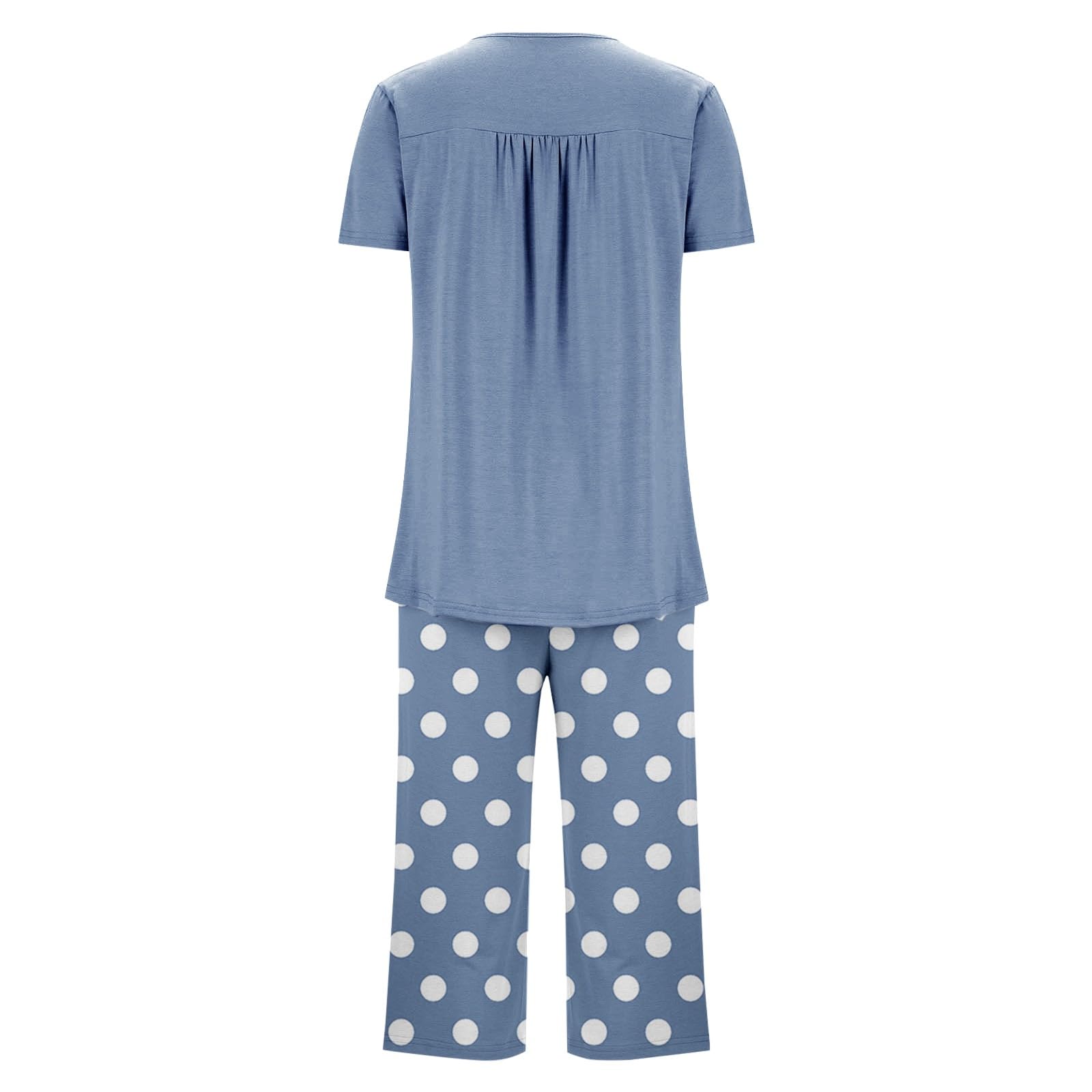 Pyjama élégant pour femme - Ensemble de pyjama long à pois | Ensemble de pyjama plissé 2 pièces avec poches, manches courtes, col rond, boutons et pantalon de jambe 7/8