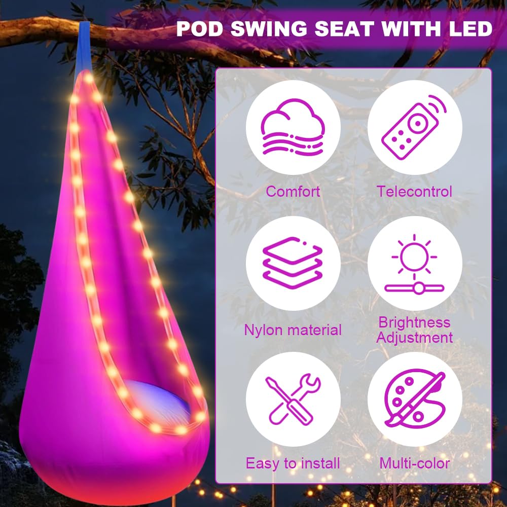 Hängehöhle, Tragbarer Hängesessel Schaukel mit LED, Pod Swing Seat mit Aufblasbarem Kissen, Hängesitz Schaukel, Pod Schaukelsitz max 80kg für Den Innen und Außenbereich