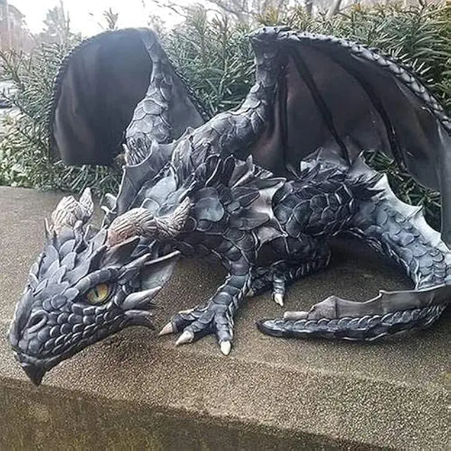 Große hockende Drachenskulptur: Garten-Drachen-Wasserspeier aus Polyresin
