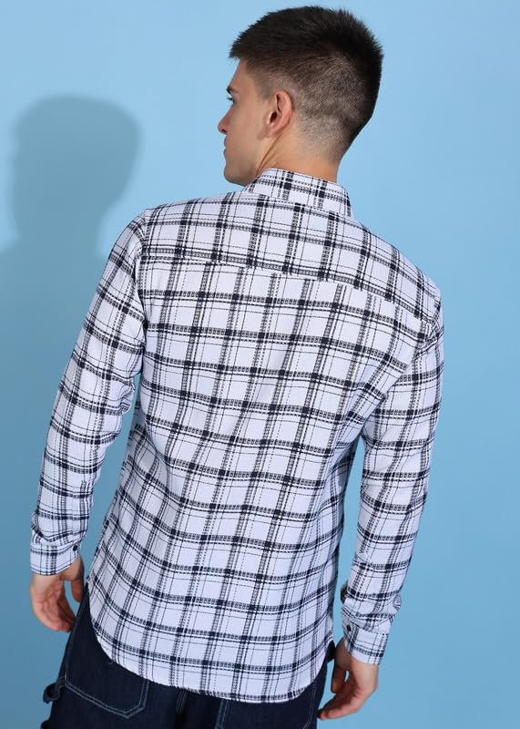 Image of MiraMichi Men's Pure Cotton Blue Checkered Full Sleeve Shirt - Regular Fit, Casual Wear, Comfortable and Stylish Design
