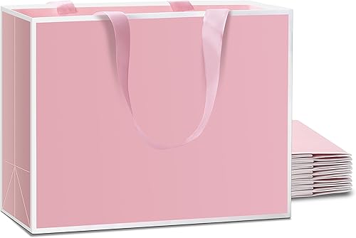 YACEYACE - Bolsas de regalo rosas a granel de 10.5 x 4.25 x 8 pulgadas, bolsas de regalo rosas medianas con asas de cinta, bolsas de regalo rosas