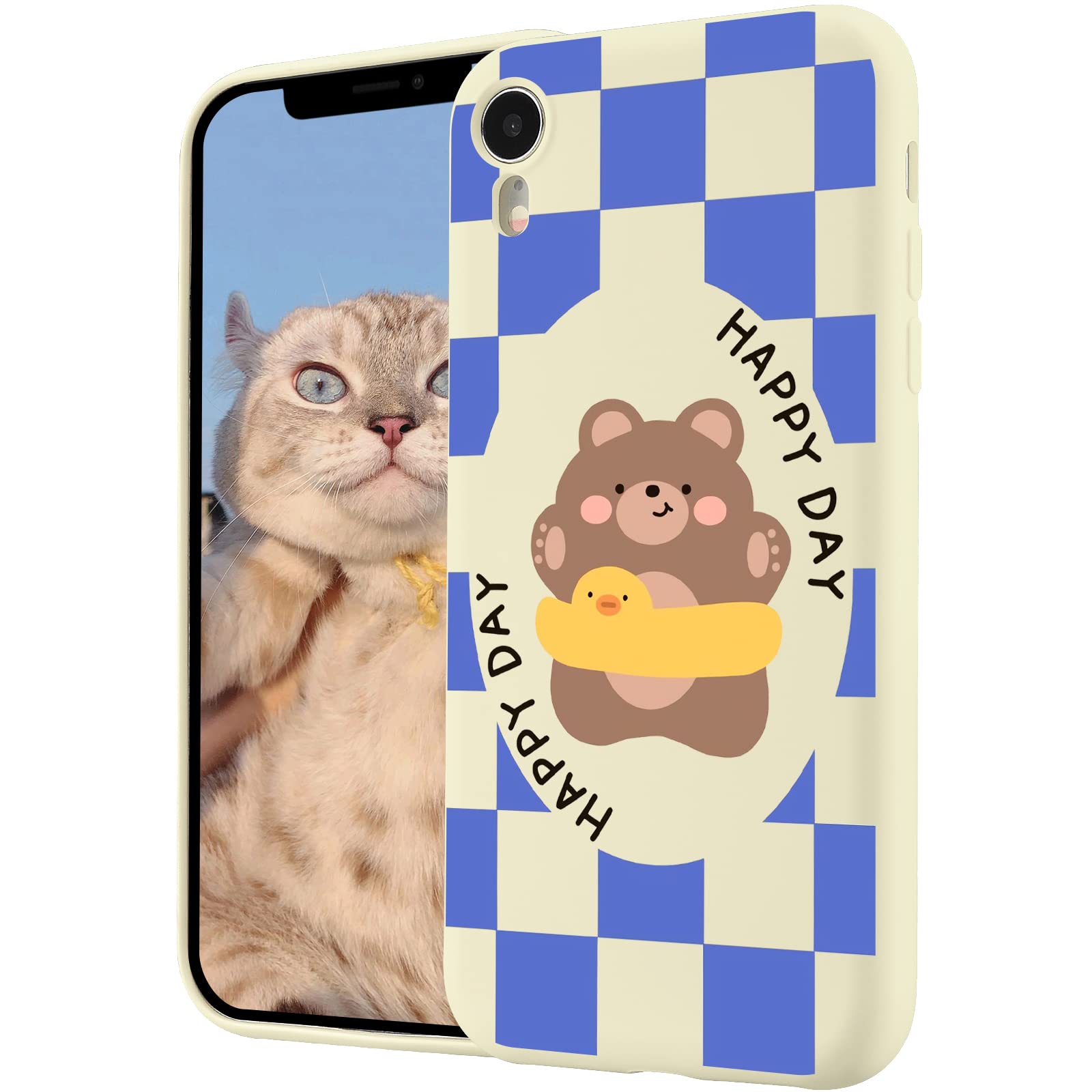 Blue Checkerboard Case for iPhone XR, Cute Bear Case Liquid Silicone Case Full-Body Protection with Microfiber Lining, Silky-Soft Touch Shockproof Case for Men&Women