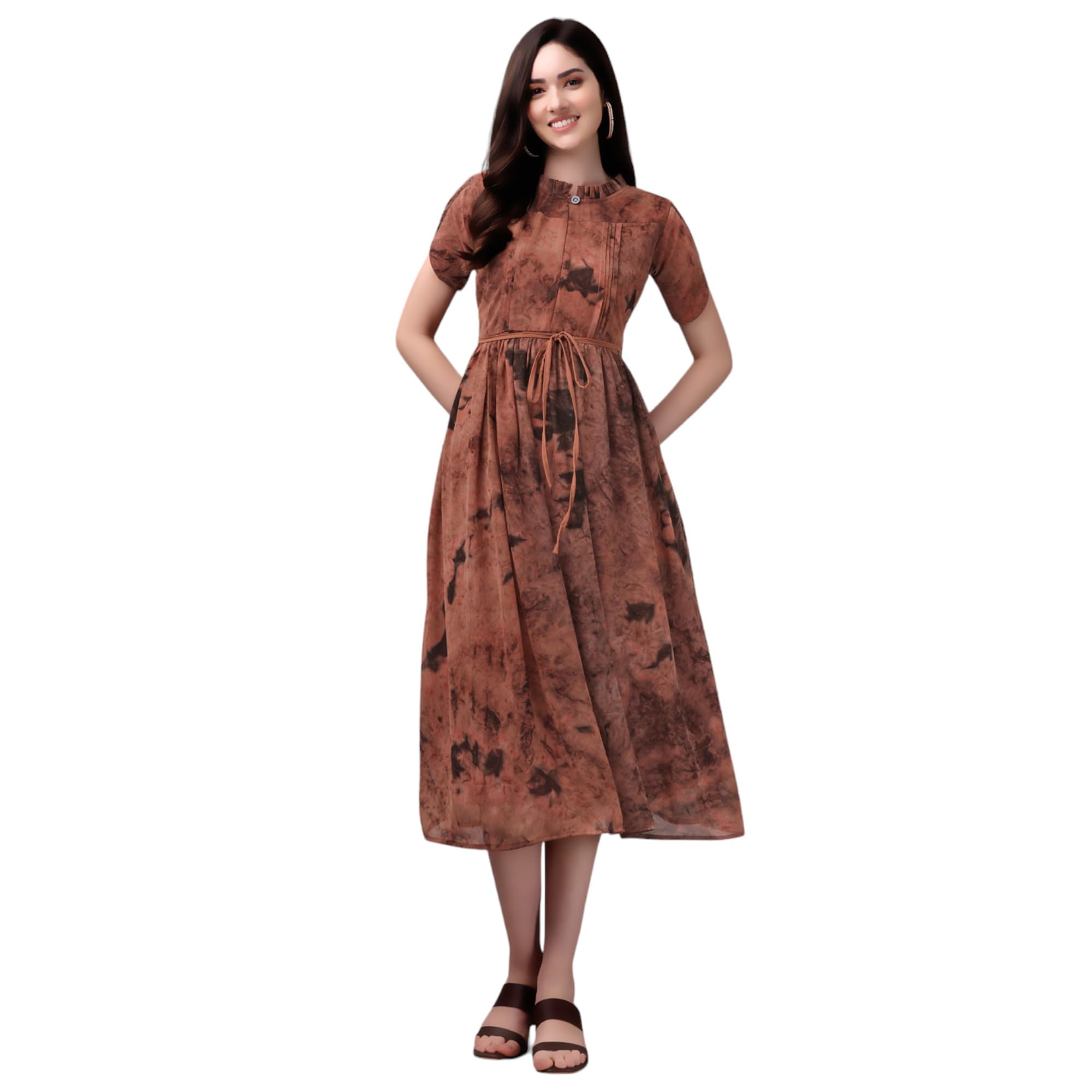 Gufrina Women's Half Sleeve Ruffle Neck & Tie-Up Dress - Elegant Midi Dress With Pleated Details (Brown M)