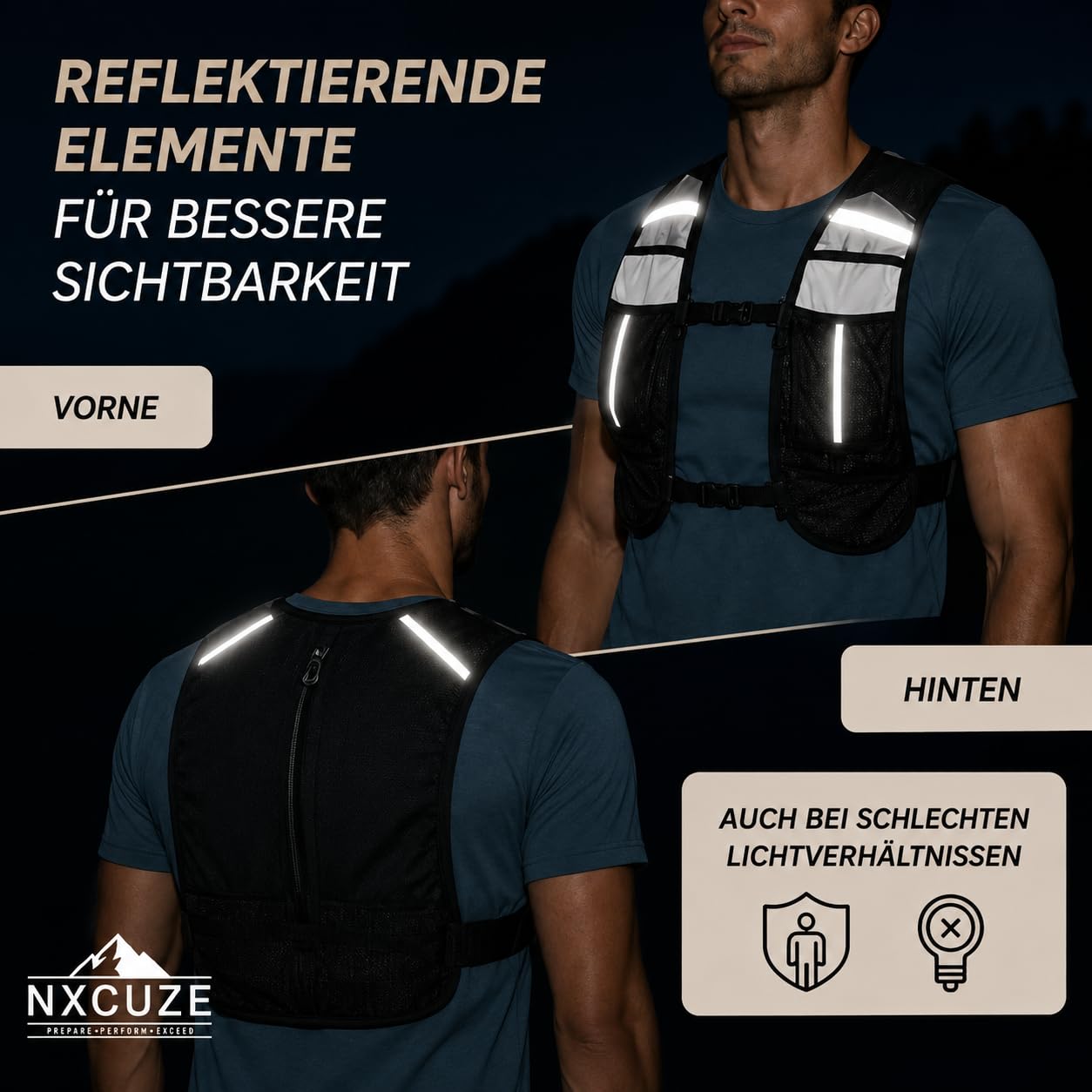 NXCUZE® Premium Laufweste Damen & Herren mit 2X 500ml Trinkflasche – Laufweste mit Trinkflasche / Trinkrucksack & Laufrucksack zum Laufen, Joggen & Trailrunning – Ultraleicht & verstellbar