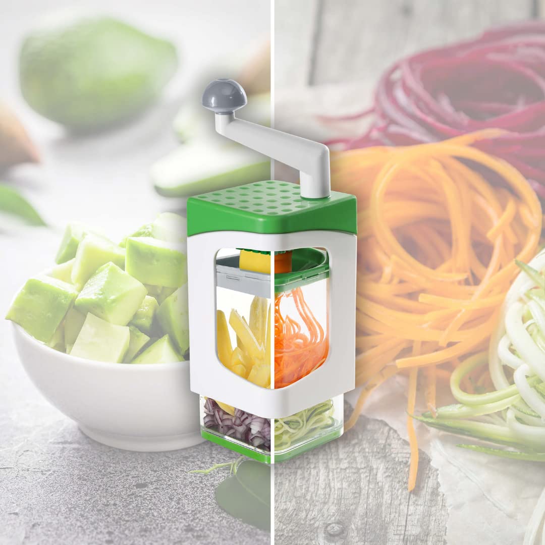 Genius Nicer Dicer Julietti Spiralschneider 13-tlg - Zoodle Maker + Würfelschneider in einem Set für Spiralen und Würfel | enthält 7 Schneideinsätze & Auffangbehälter 1200ml, Grün
