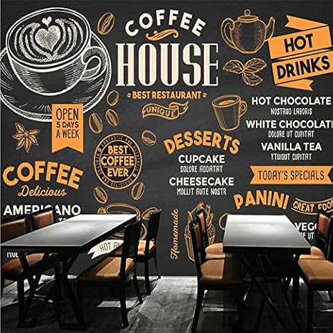 Hand Painted Coffee Theme Black Background Mural Wallpaper 3D Coffee Shop Casual Cafe Snack Bar Industrial Decor Wall Paper 3D,200 * 140cm Cover