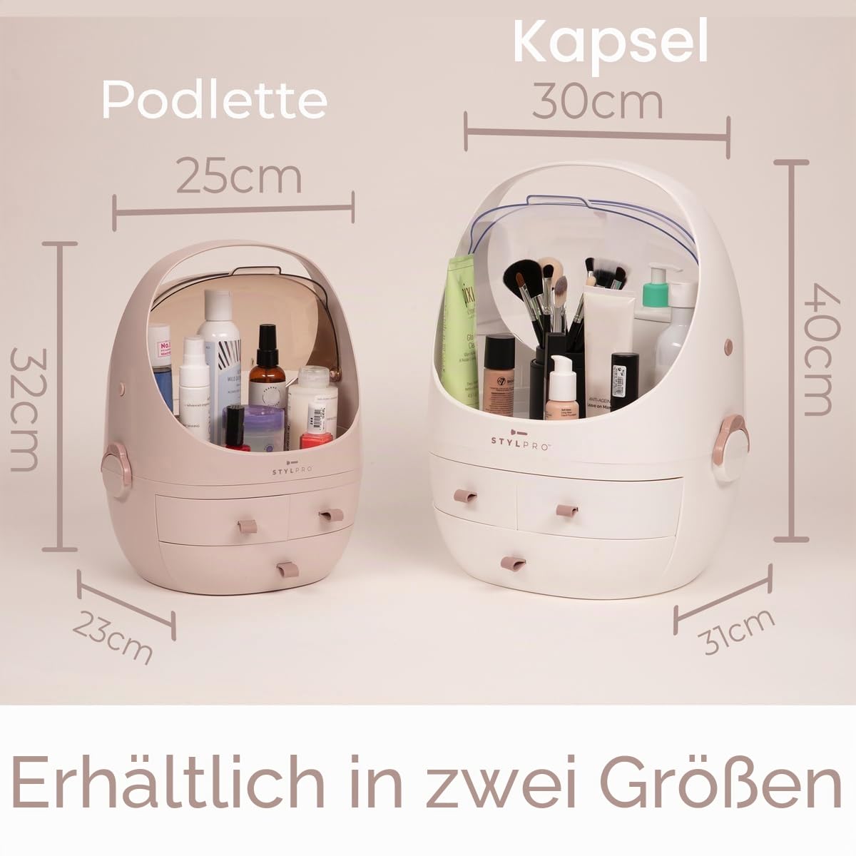 STYLPRO Beauty Storage Podlette, Kosmetik & Hautpflege Organizer mit 3 Schubladen, abnehmbarem Deckel, staubdichter Abdeckung & Reisegriff für Kommode, Schlafzimmer Rose 25x23x32cm