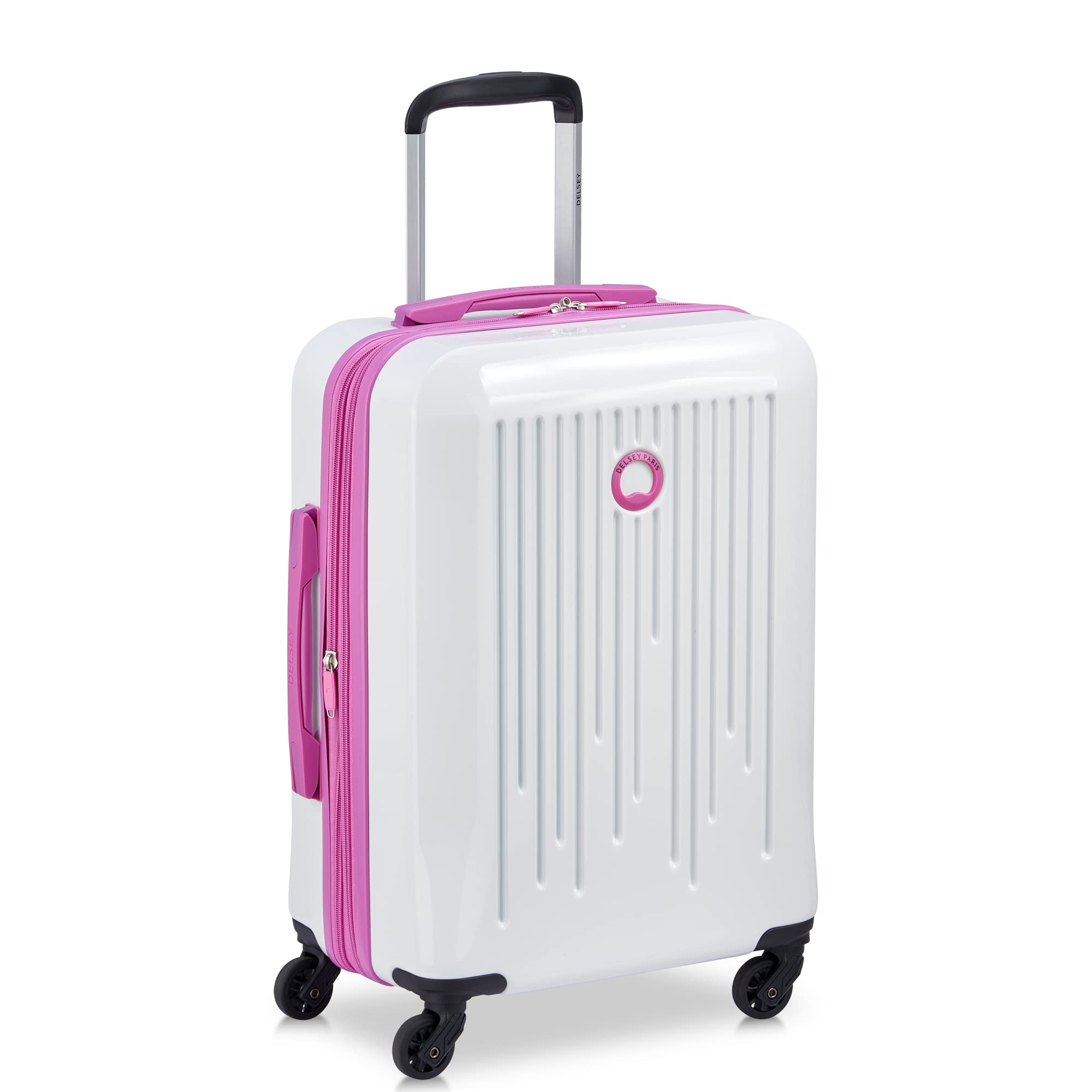 Christine Hardside Expandable Luggage, Stylish and Unique, Glossy Exterior with 360 Spinner Wheels, Lockable Telescoping Handle, Men and Women, White with Mauve Trim, Carry-On 20-Inch
