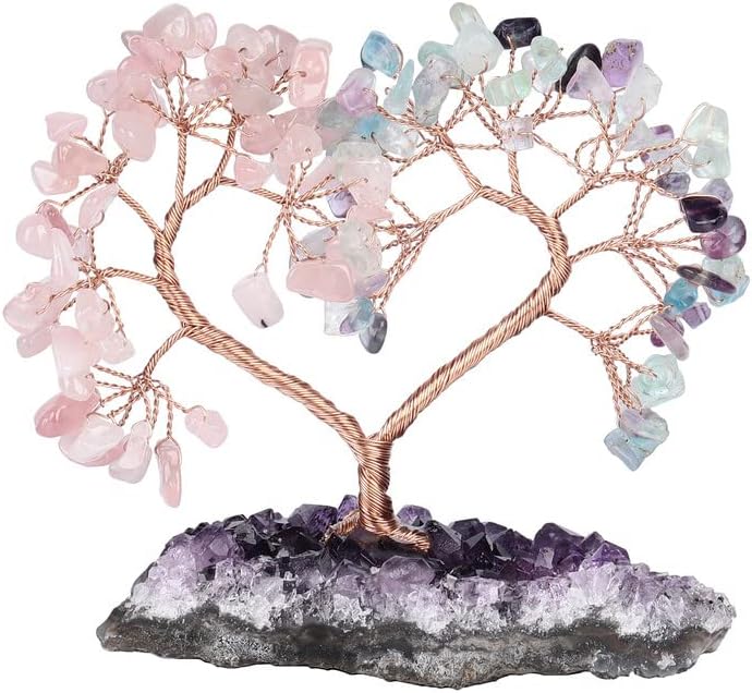 Sumgiftforall Árbol de la vida hecho a mano con corazón de cristal sobre base de racimo de amatista, árbol de piedra para dinero para boda, Reiki,