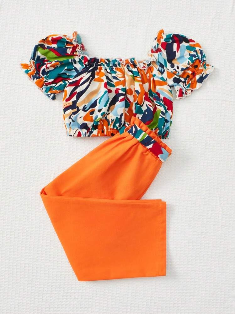 Image of Tagas Girl Summer Casual Top Puff Sleeve and Printed Long Pants 2pcs Outfit || Two-Piece Set FOR GIRLS ||Girls Clothing Set||(GTP-70)