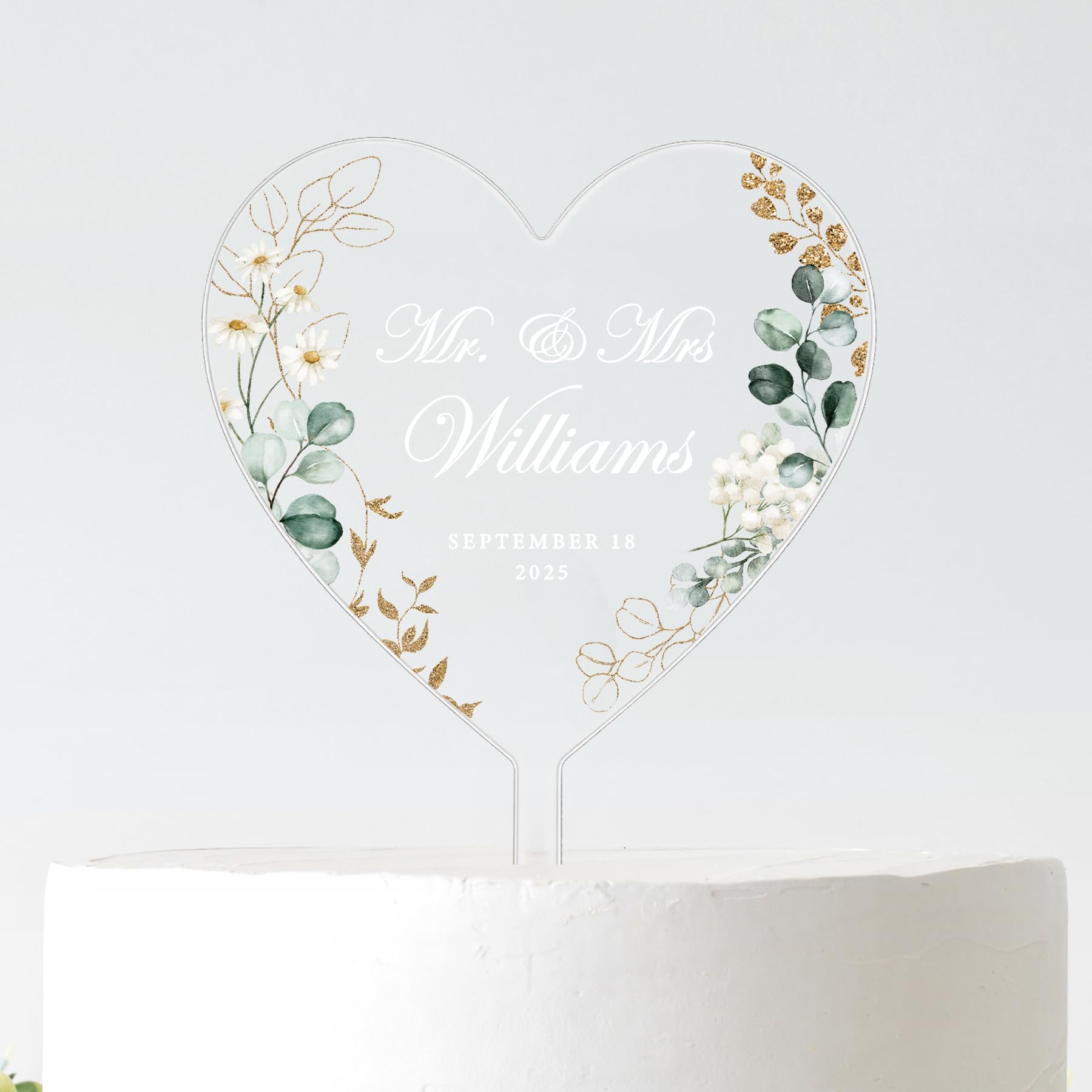 Personalised Wedding Cake Topper | Heart Cake Decoration with Names & Date | Mr & Mrs Wedding Cake Topper | Frosted Acrylic | 10cm or 12cm (WHITE TEXT, 12CM)