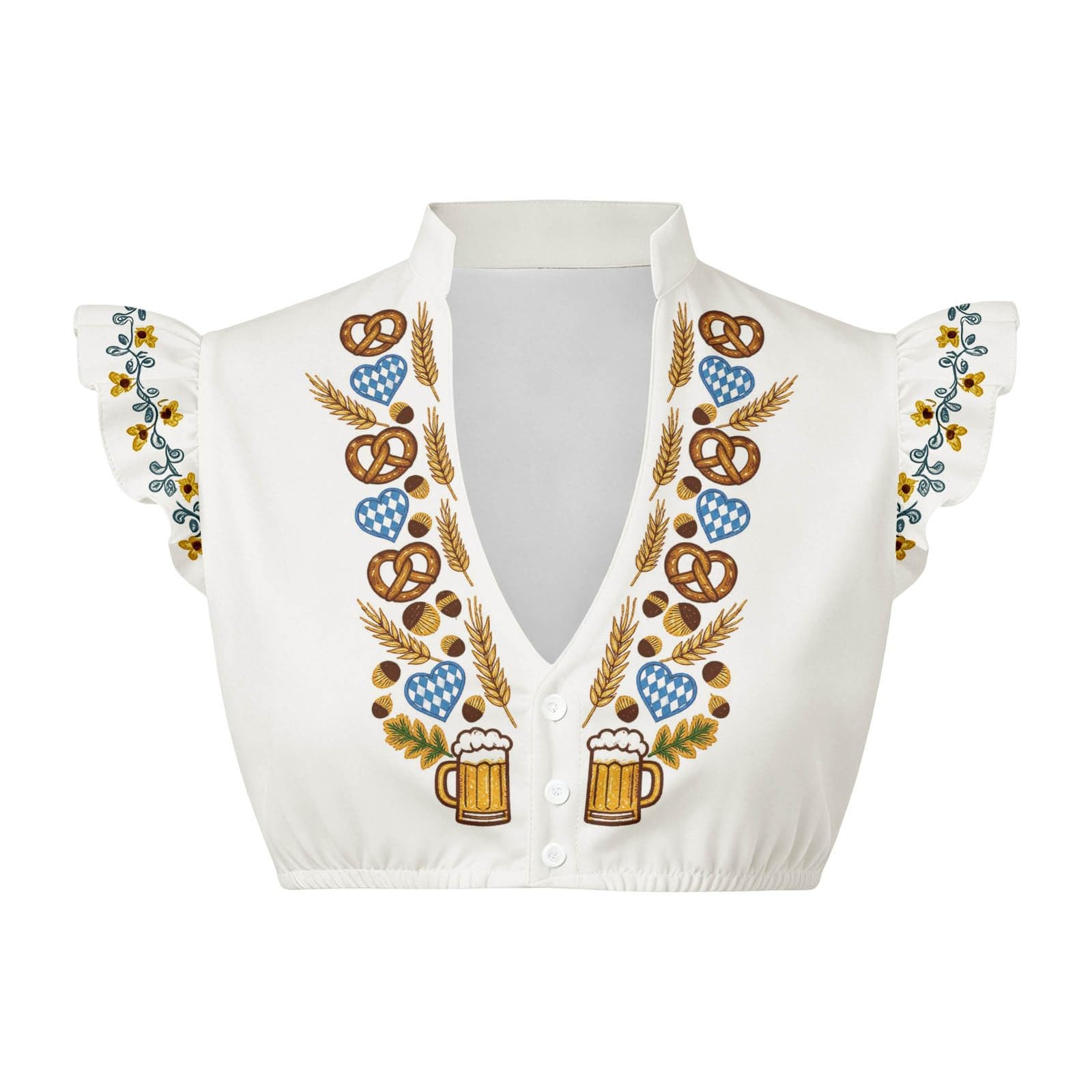 Generisch Camicetta da donna con maniche ad aletta, camicetta bavarese bianca per feste della birra, con stampa, per abbigliamento, biancheria da notte e loungewear