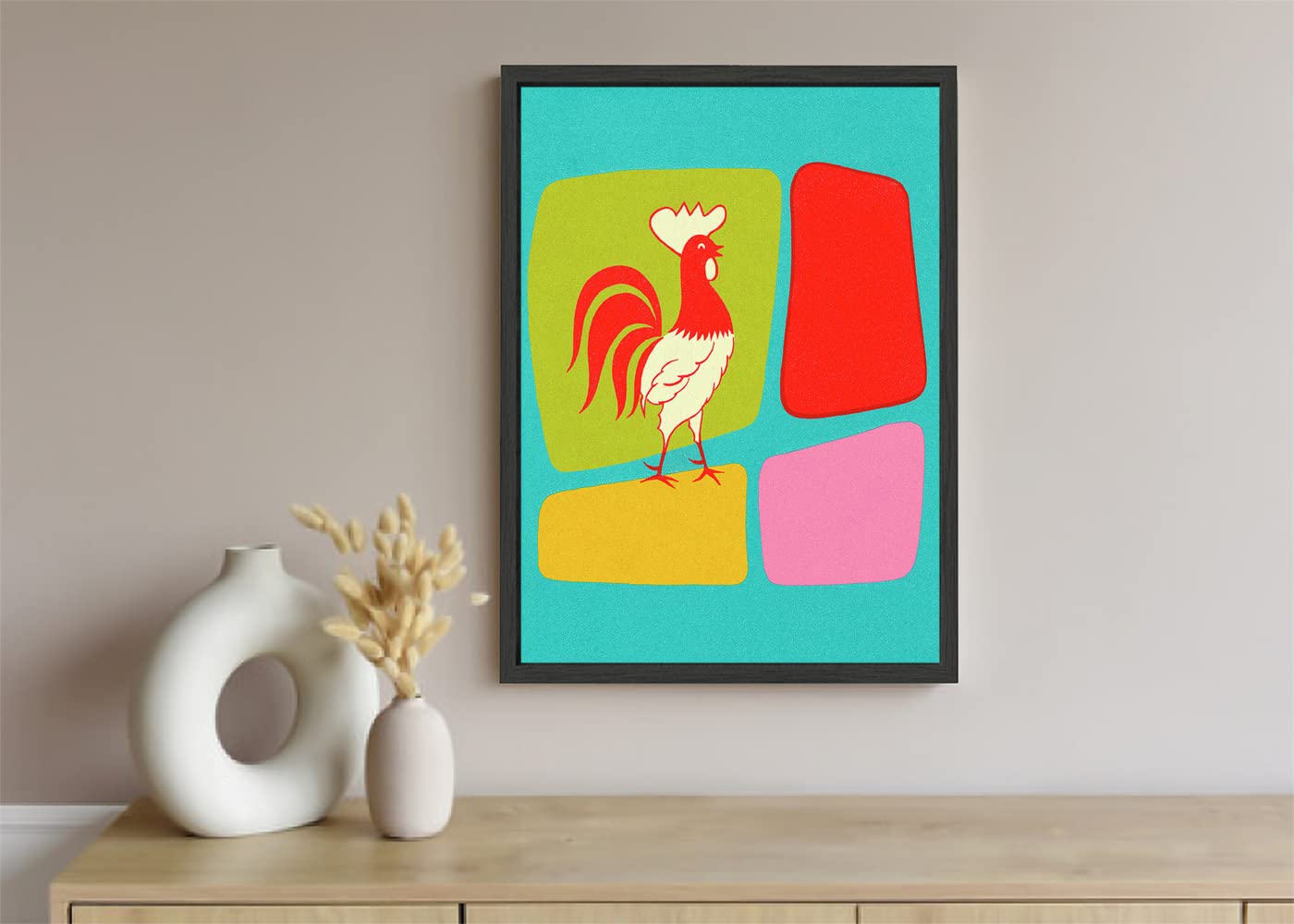 VERRE ART Printed Framed Canvas Painting for Home Decor Office Wall Studio Wall Living Room Decoration (10x14inch Black Floater) - Rooster and Color Blocks