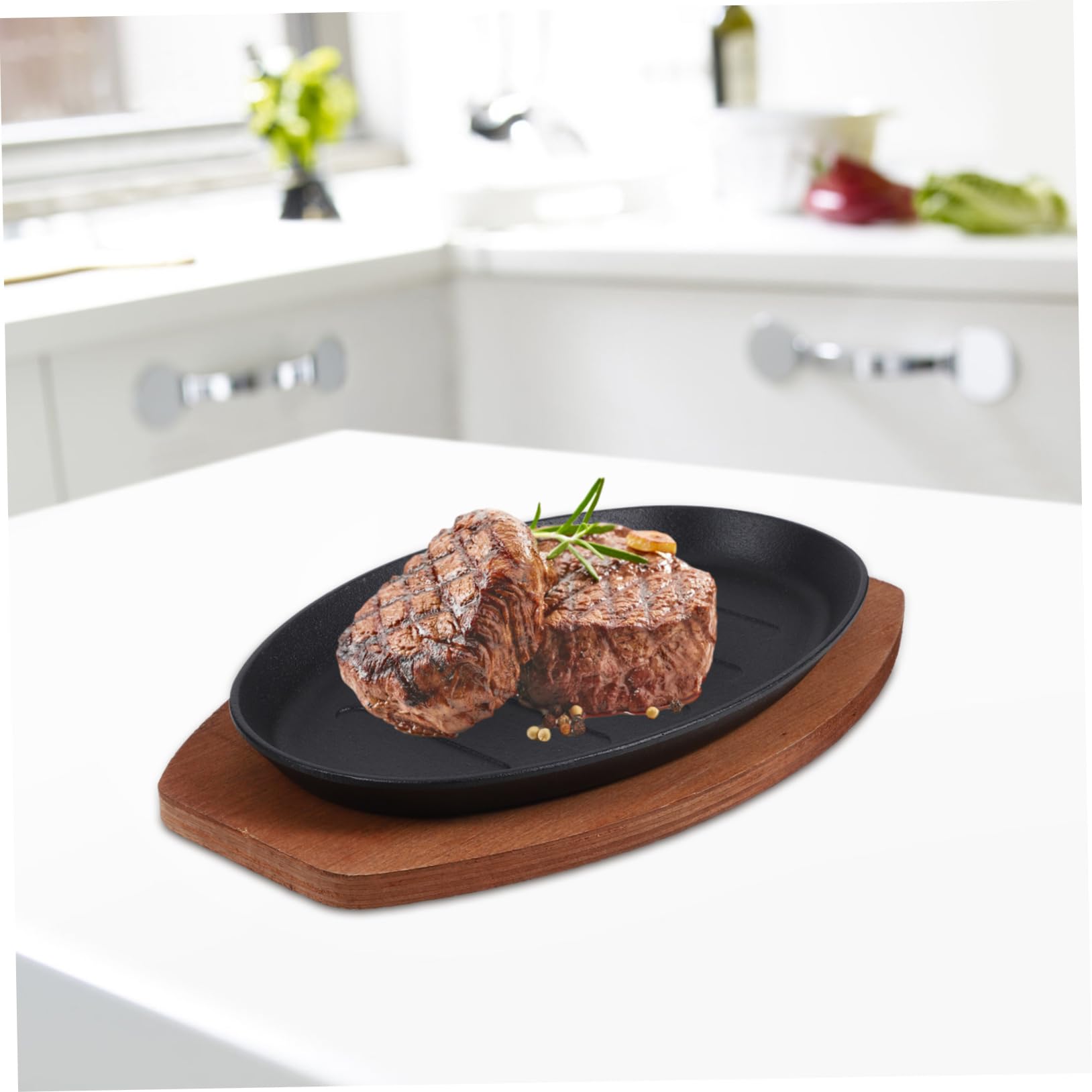 LABRIMP Plato de Hierro Fundido para Asador con Base de Madera, Superficie Lisa y Elaboración Fina, Adecuado para Restaurante y Pescado Parrilla
