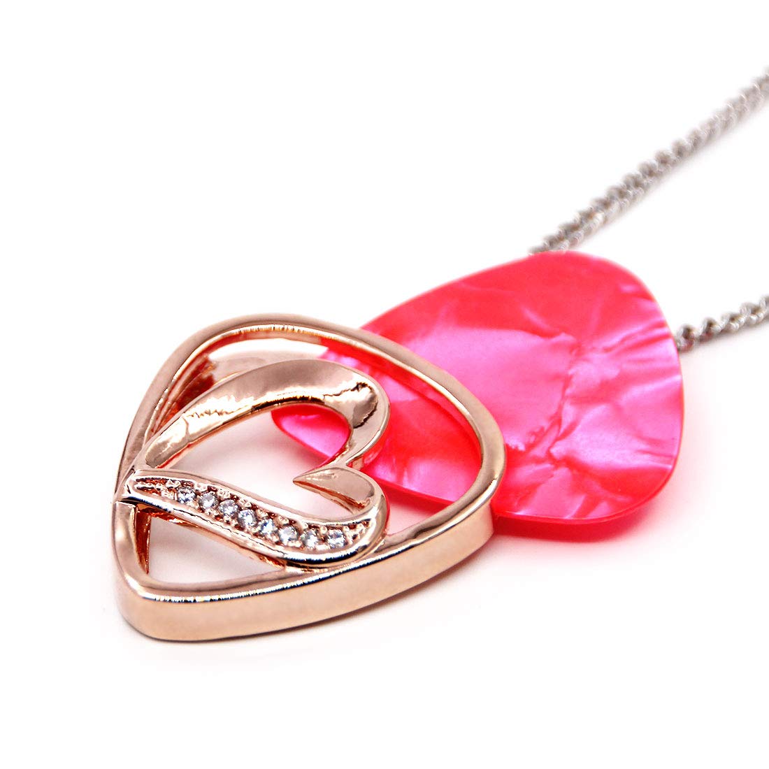 PICKRING Heart Shaped Guitar Pick Holder Necklace for Guitarists/guitar picks keeper storage pendant necklace stainless steel music lovers musicians gifts (Rose Gold)
