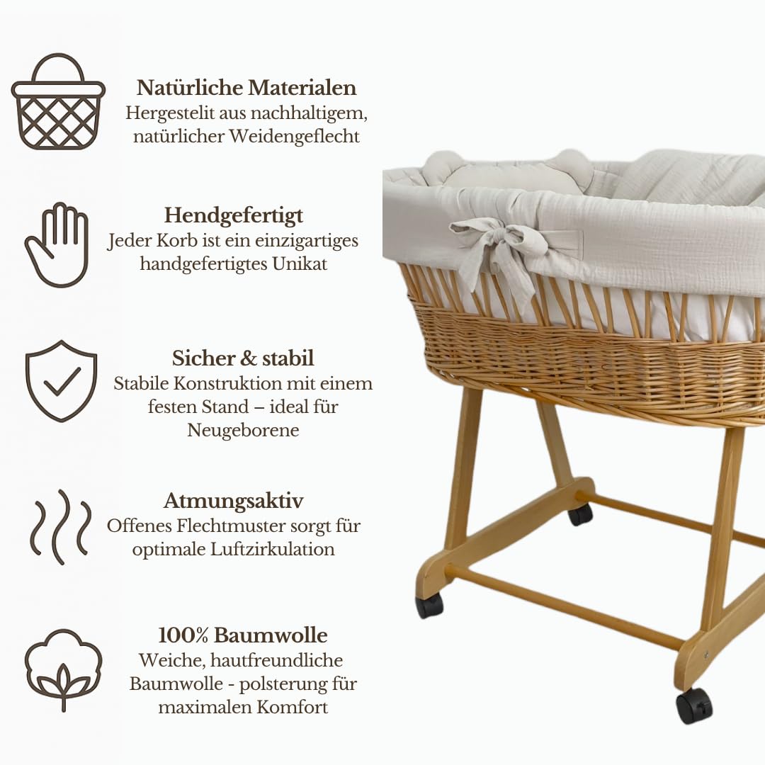 Generic cesta, moisés, carrito marrón/natural con estructura, colchón y ropa de cama (crudo)