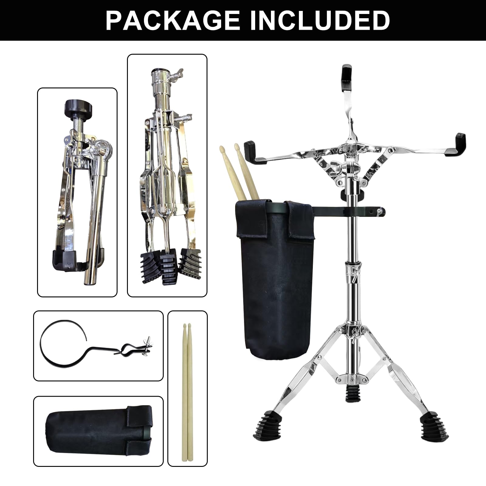 Support de caisse claire avec support de baguette, trépied pliable à double entretoise pour caisse claire de 25,4 à 30,5 cm, hauteur réglable de 45 à 67 cm pour débutants, léger