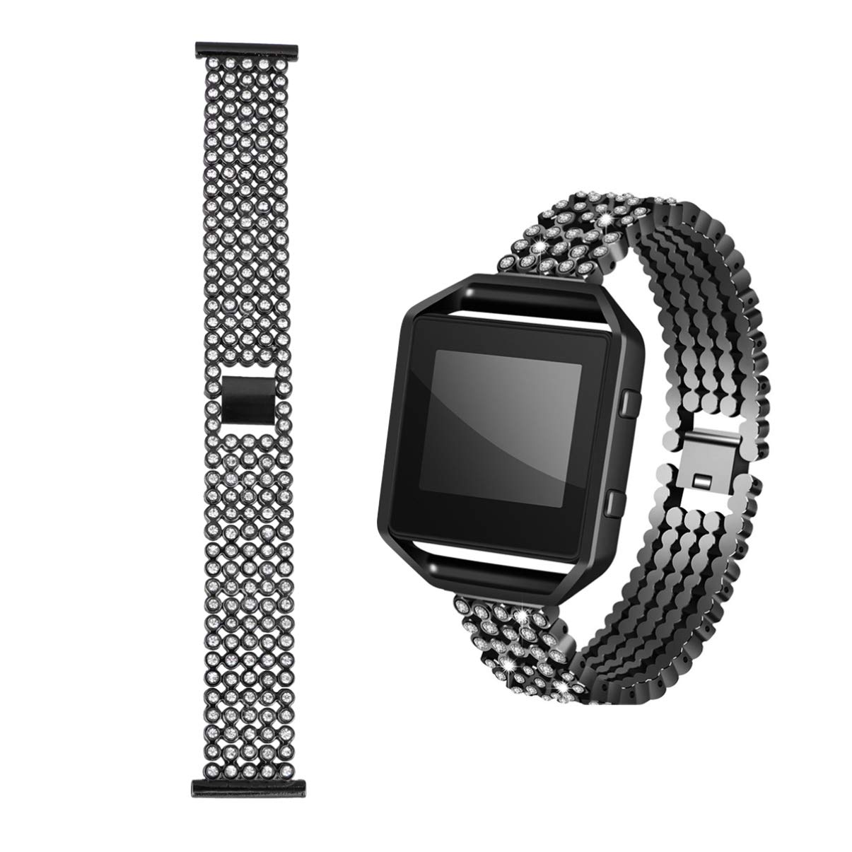 Hemobllo Cinturino Per Orologio/Smartwatch: Bracciale In Acciaio Inox Con Strass, Regolabile 155-210mm, Nero