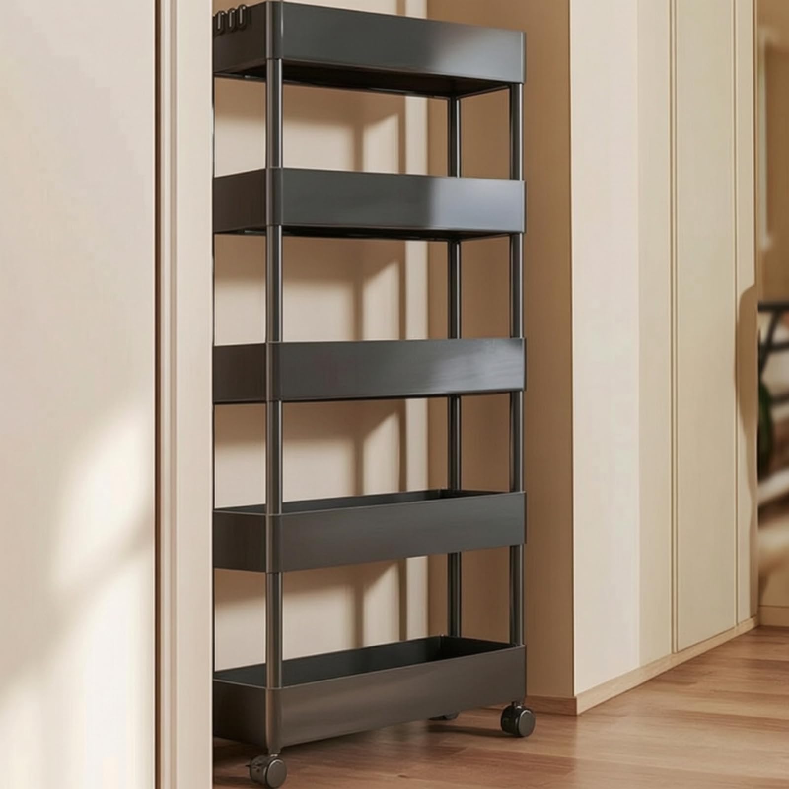 Scaffale Portaoggetti Portatile Carrello Organizzatore Ripiani Scaffalatura Mobile Contenitore Verticale in Plastica con Binari Laterali per Borse E, Bianco, size to 6