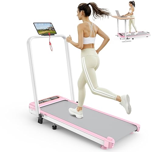 Foldable Treadmill with 8% Incline, Upgrade 3.5HP Low Noise Walking Pad Treadmill with Handle Bar, Trisomy 4 in 1 Portable Under Desk Treadmills for Home/Office, 330 Lbs Capacity, APP & Remote Control - pink