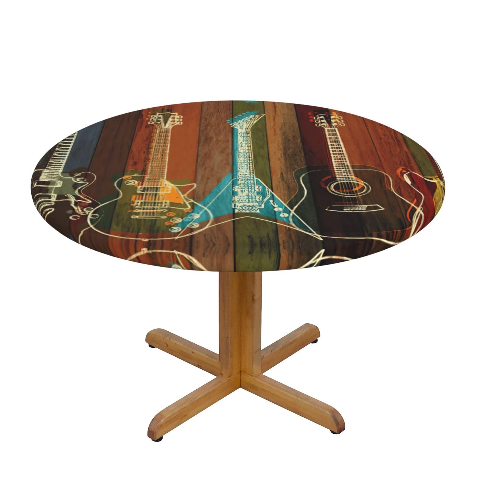 DUWAA Guitars Art Print Oxford Fitted Table Cover For Patio Picnic, Waterproof Round Tablecloth For Home And Outdoor