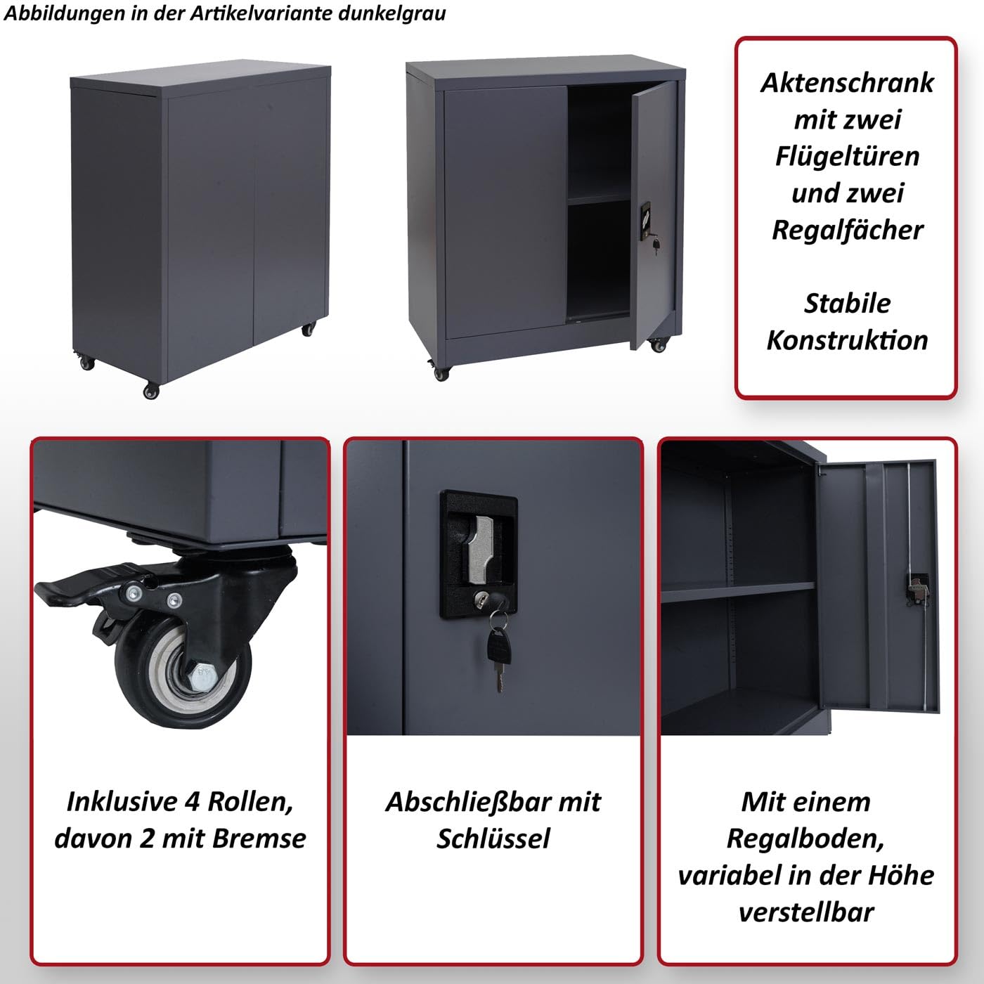 Aktenschrank HWC-O50, Büroschrank Stahlschrank mit Rollen, 2 Türen abschließbar, Stahl 98x80x40cm - dunkelgrau