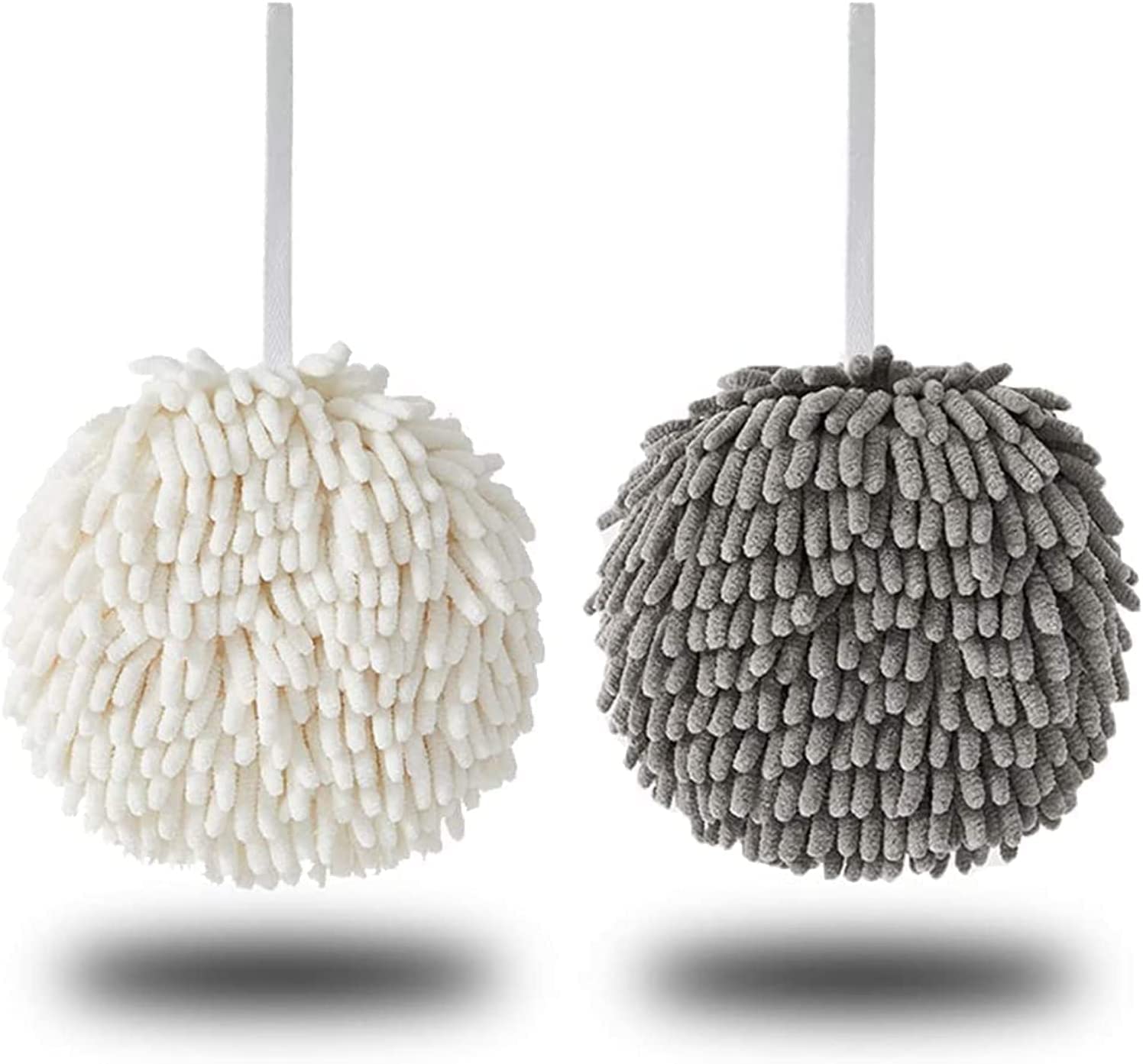 Microfiber Hand Towel Ball Fast Drying, Chenille Hand Towel Ball Absorbent Soft Towel Microfiber Hand Towels for Bathroom Kitchen Hand Drying Puff (White+Gray 2-Pack)