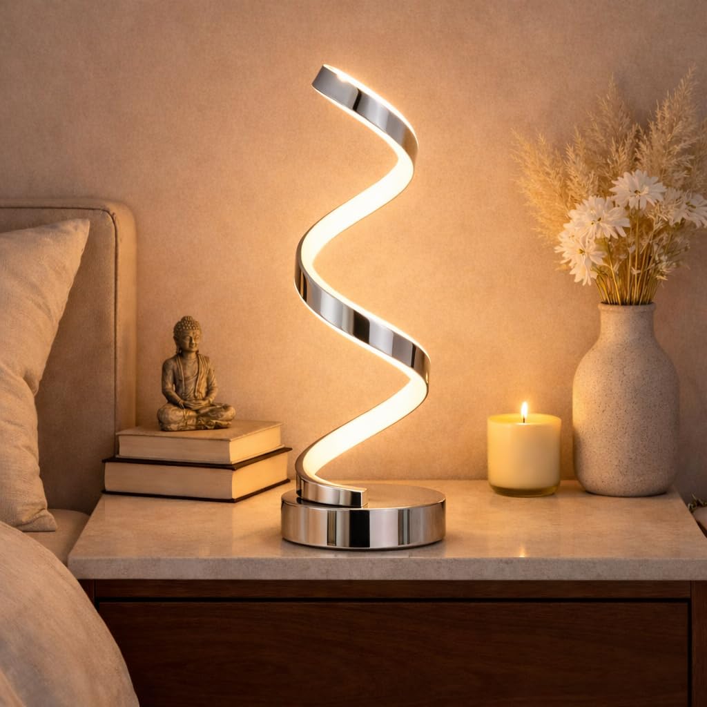 Arcadia Lampada da Comodino LED - Luce Notturna Dimmerabile Bianco Freddo, Naturale e Caldo - Design a Spirale Moderno 3200 Lumen - Abat-jour per Camera da Letto, Scrivania e Salotto (2 x Argento)